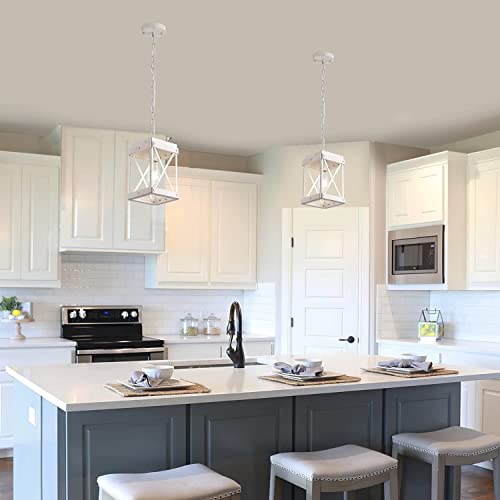 Fivess Lighting Modern Farmhouse Antique White Distressed Pendant Light With Wood And Metal Cage, One-Light Adjustable Chains Rustic Mini Pendant Lighting Fixture For Kitchen Island Cafe Bar #TOP1