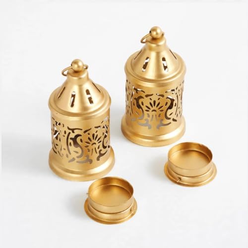 Image of Nutech Decor Hanging Metal Candle & Tealight Holder Lantern Set With LED Candle - Decorative Golden Vintage Lanterns for Home, Living Room, Dining Table, Balcony, Garden & Festival Gifting (Pack of 1)