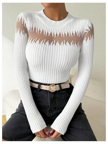 Image of MakeMeChic Women's Crew Neck Fitted Sweater Sheer Mesh Long Sleeve Knit Top