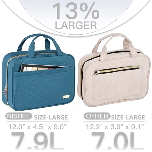 Image of NISHEL Travel Toiletry Bag for women, Portable Hanging Organizer for Full-Sized Shampoo, Conditioner, Brushes Set, Makeup Accessories, Large Size, Lake-Blue