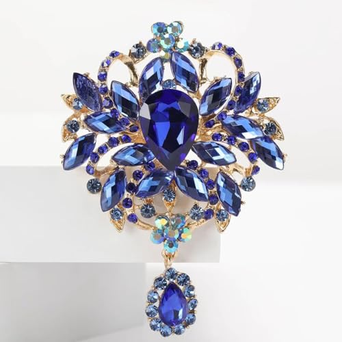 Image of LAXPICOL Wedding Bridal Big Brown Crystal Rhinestone Bouquet Brooch Pin for Women Golden Tone