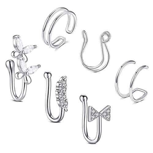 AVYRING Fake Nasenpiercing Ring Silber Faux Septum Ring Piercing Nose Cuff Chirurgenstahl Damen Schmetterling Blatt Nose Hoop Ring 20G 6 Stück Cover