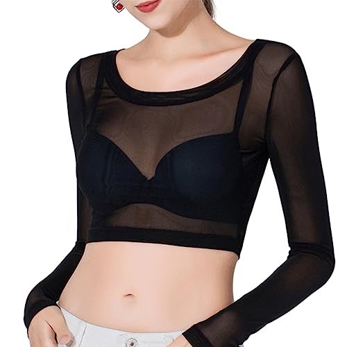 Damen Mesh Sheer Crop Top, Langärmlige, durchsichtige Hemdbluse, Schwarzes schmal geschnittenes, transparentes Shrug Shirt-Oberteil, Cardigan Abdeckung mit offener Vorderseite auf beiden Seiten