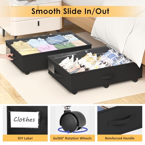WENRENER Under Bed Storage with Wheels, 2-Pack Under Bed Storage Containers with Clear Lid and Handles, Rolling Underbed Storage Drawers Organizer for Clothes,Shoes,Toys, Books (Black) by WENRENER - Image 3
