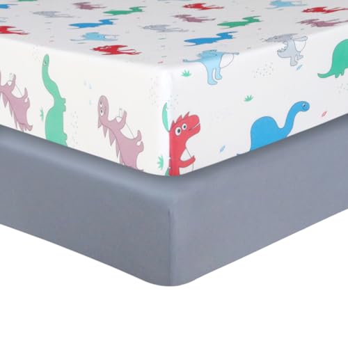 Image of Hevituwhe Pack and Play Sheets 2 Pack Mini Crib Sheets Fitted，Ultra Soft Breathable Material playard Sheets Fitted，Colored Dinosaurs 38 ×26in, Gray