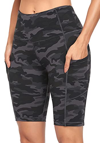 Oalka Women's Short Yoga Side Pockets High Waist Workout Running Shorts Multi Camo Grey Large #TOP6