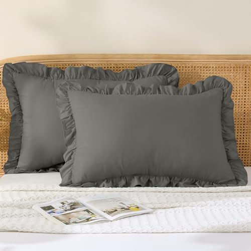LINENOVA Ruffled Pillow Cases Set of 2 - King Size 50×90cm - Ultra Soft Microfiber 2000TC Pillowcase - Pillow Cover with Envelope Closure - Dark Grey