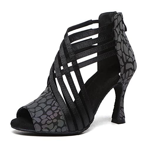 HIPPOSEUS Women Peep Toe Latin Dance Shoes with Zipper Salsa Bachata Ballroom Ankle Dance Shoes Black 3.5 inch Heel,Model L569,6 B(M) US