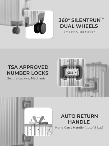 Image of EUME 100% Aluminium Trolley Bag for Travelling| 60cm Luggage Trolley Bag Medium Size for Travel| 8 Silentrun 360 Degree Spinner Wheels System| Premium Trolley Bag for Travel (Silver with Grey Wheel)