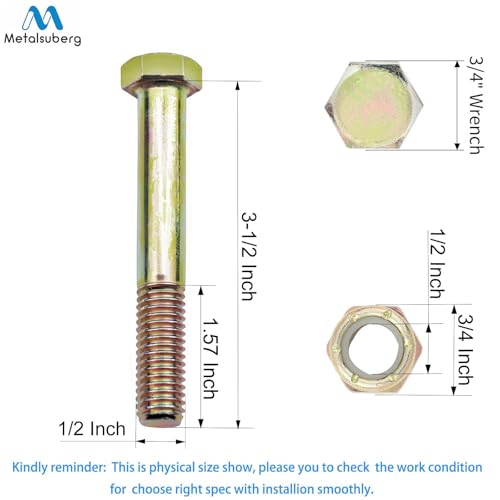 Image of Grade 2 Shear Bolts 1 /2 inch x 3-1 /2 inch for Rotary Cutter,Tractor Gearbox,by Color Galvanization with Nylon Lock Nut Kit,by Metalsuberg .(12pcs Pack)