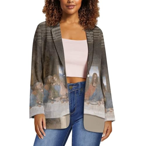 Oil Painting Printed Women's Long Sleeve Blazer with Pockets Single Button Jacket for Painting Exhibition, Party