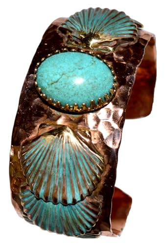 Elaine Coyne Collectible Artwear Forged Copper and Patina Brass Neo-Oceania Overlapping Scallop Shells Cuff - Nevada Turquoise2