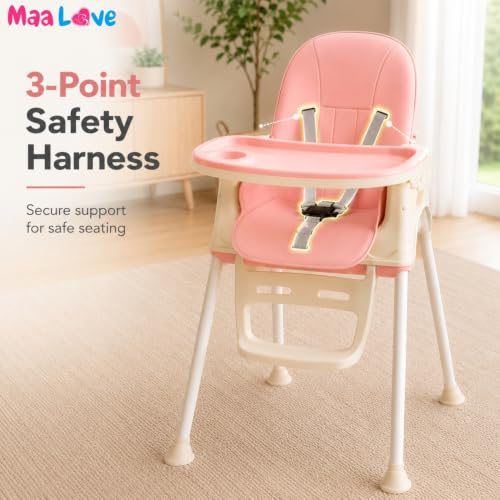 Image of Maa Love 4-in-1 Baby High Chair for 0-5 Years, Adjustable Height Feeding Chair with Detachable Tray, One-Hand Fold, Multifunctional High Chair (Pink)