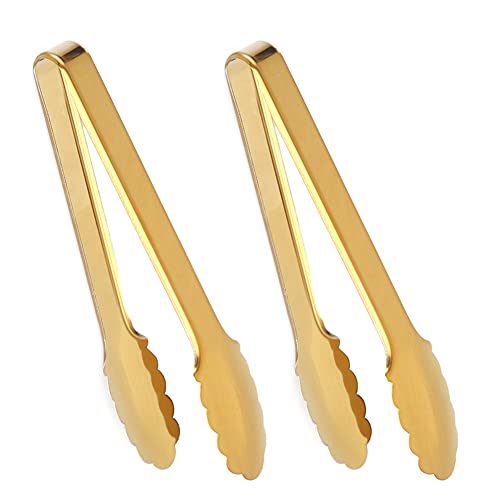 2 Pack Gold Serving Tongs Gold Serving Utensils Salad Tongs Buffet Tongs Non-slip & Easy Grip Stainless Steel Gold Plated Buffet Serving Tongs, Salad, Ice, Oven (9.5 Inch) (Gold)