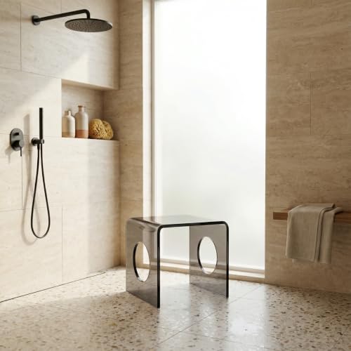 Image of Premium 15mm Thick Acrylic Bathroom Stool, Heavy Duty Multipurpose Sitting Patla for Shower and Home Rust Free Modern Home Decor Seat, 12x15x12Inches (Smoke)