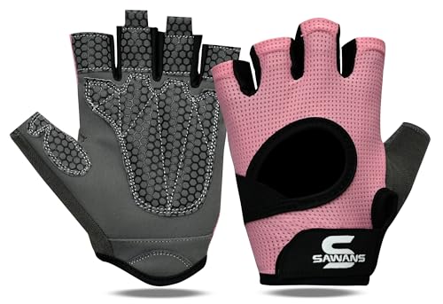 SAWANS Gym Weight Lifting Gloves for men and women Fitness Ladies Training Gloves for Strength Breathable Non-Slip Silicone Padded Palm Grip Protection Exercise Workout Cycling Pull ups (Pink, M)