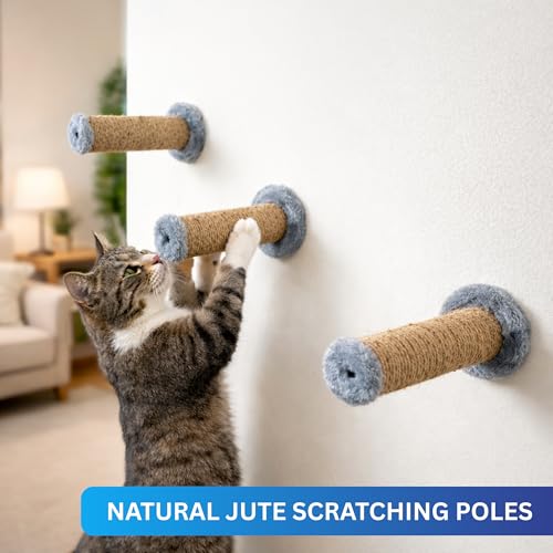 Image of Wall-Mounted Cat Scratching Poles, Natural Jute, Blue Plush Ends, Space-Saving Design (10X5 INCH) (FURR-155) (Grey)