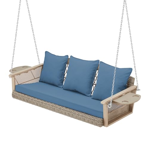 Image of HOMREST 3-Person Wicker Porch Swing with Upgraded Cup Holder, 56 Inch Patio Hanging Swing Bench Chair with Cushions, Outdoor Swing 900lbs Capacity Chains for Deck Garden Backyard (Blue)