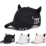 Y2K Devil Horn Baseball Cap with Metal Accessories Stylish Hat for Outdoor and Streetwear Unique Punk Aesthetic (White)
