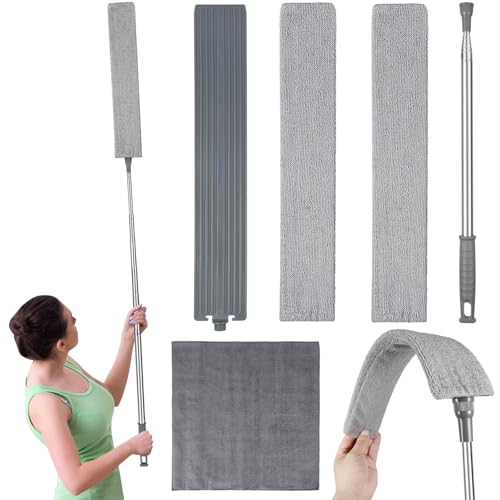 Teleskop Staubwedel Waschbar, 0.8m-2.8m Staubwedel Lang Ausziehbar, Mikrofaser Edelstahl Staubwischer für Decken, Sofa, Schränke, Bett(mit Teleskopstange, Austauschbare Tüchern, Lappen)
