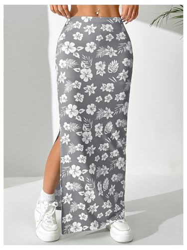 OYOANGLE Women's Floral Print Split Side Skirt Elastic Waist Beach Casual Long Skirts4