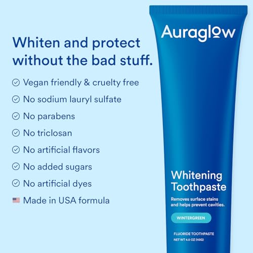 Image of Auraglow Whitening Toothpaste, Hydrogen Peroxide Toothpaste with Fluoride, Whitens Teeth, Prevents Cavities, Strengthens Enamel for Adults, Kids Oral Care, Wintergreen Flavor, 4 oz (1 Pack)