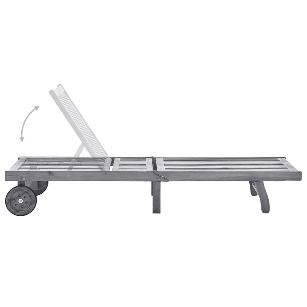 Lettino Prendisole in Legno Massello, Sdraio da Giardino con Schienale Regolabile, Cuscino Included, Poggiapiedi Aggiustabile, con Ruote, per Giardino Piscina Spiaggia, Grigio, 62 x 131 x 106 cm