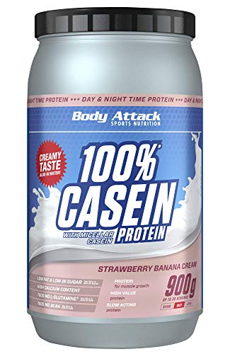 Body Attack 100% proteína de caseína, rico en aminoácidos esenciales, desarrollo de músculos, bajo en carbohidratos para, los atletas y las personas conscientes de su físico, fresa y plátano, 900g Cover