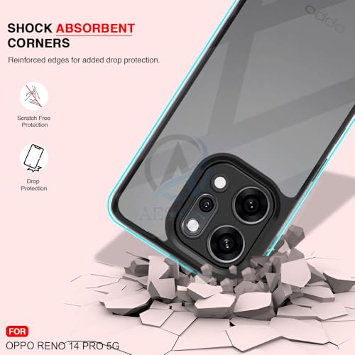 Image of AESTMO Oppo Reno 14 Pro 5G Back Cover | 360 Protection | Crystal Clear Hard Back Transparent | Bumper Case (PC+TPU, Black Bumper)