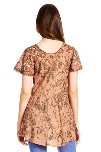 Image of Sakkas Ash Speckled Tiedye Embroidered Cap Sleeve Blouse Top with Embroidery Hems