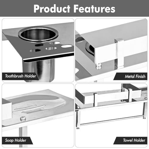 Image of Zureni 4-in-1 Shelf Rack for Bathroom 304 Grade Stainless Steel Towel Hanger Soap Dish Toothbrush Holder Multipurpose Wall Mount Accessories Storage Stand Home Washroom (1 Pc, 18 inchx5 inch, 1008)