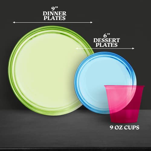 128 Piece Neon Party Supplies Set - Disposable & Heavy Duty,: 32 Main Course 9 inch Plate, 6 inch Dessert Plates, 9-ounce Tumblers, Cutlery, Glow in the Dark Great for Blacklight UV Parties - Thumbnail 2