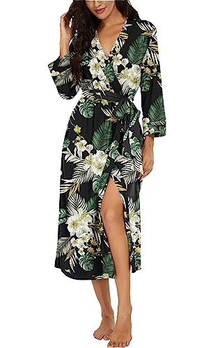 Image of VINTATRE Robes for Women Long Knit Bathrobe XS-4XL | 3 /4 Sleeve Bathrobes with Pockets, Stretchy and Lightweight Fabric, Inner Tie and Fixed Outer Matching Belt, Mid Calf Length