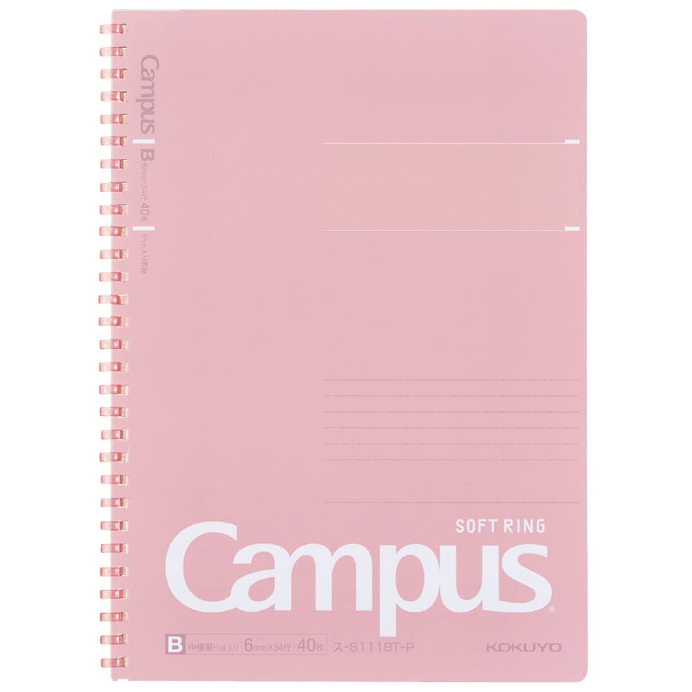 KOKUYO Spiral Lined Notebook, 10'' x 7'' Pastel Journal B5 Campus Soft Ring Notebooks with Dot 6 mm Ruled, 40 Sheets, Pink