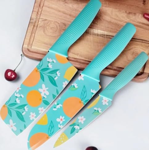 Shanya 3-Piece Premium Kitchen Knife Set with Colorful Floral Prints – Stainless Steel Sharp Blades, Comfortable Grip Handles, Multipurpose Chef Knives (Available in Multiple Shades) (Blue)