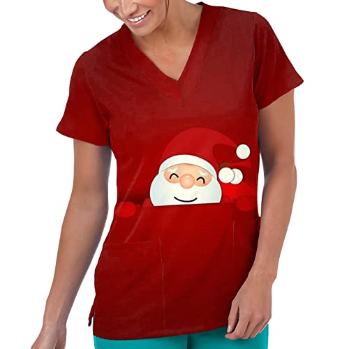 Mymyguoe Casaca de Navidad para mujer, patrón navideño, ropa de enfermería, cuello en V, manga corta, camiseta con bolsillos, transpirable, camisetas de trabajo, blusa, uniformes de enfermería, rojo,