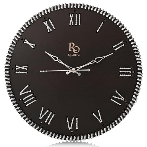 Image of Wooden Round Shape Roman Dial Wall Clock with Golden Zari Rope Detailing and Silver Hands | Silent Quartz Movement Anti Reflection Analog Vintage Clock for Home & Office (Black 15.5 Inch)
