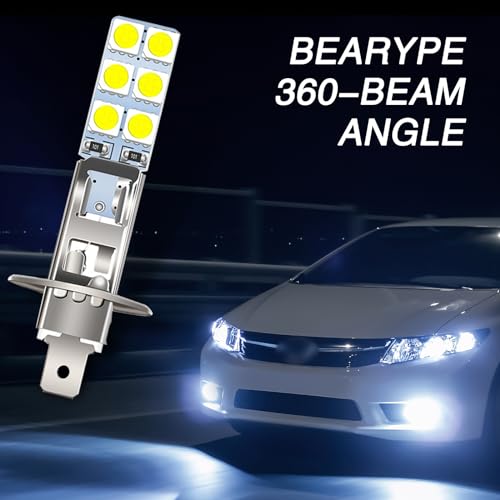Sumjig 4 PCS H1 Car LED Fog Light, 5050-12SMD 55W 6000K 12V AC Anti-fog Super Penetrating Light, 360-degree No Blind Spot Lighting Accessories, Compatible with Most Car Models (White)