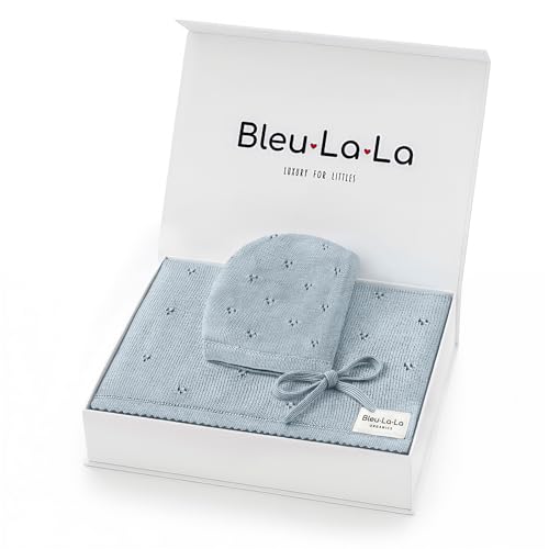 Image of Bleu La La Baby Gift Set - Organic Cotton Newborn Blanket Essentials, Thoughtful Baby Shower & New Baby Gift for Boys & Girls (Pointelle - Powder Blue)