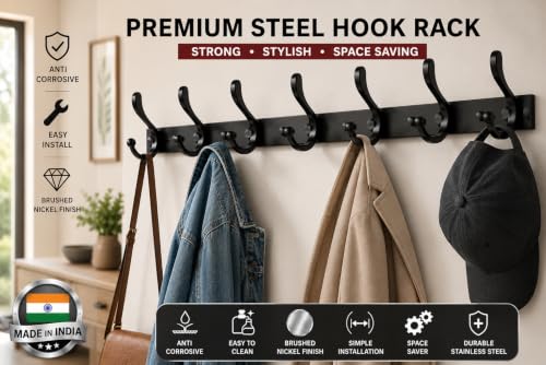 Image of Exclusive Extra Long 40 cm Antique Brass 6 Pin Metal Bathroom Cloth Hooks Hanger Door Wall Robe Hooks Rail for Hanging Keys, Clothes, Towel (2, Black)