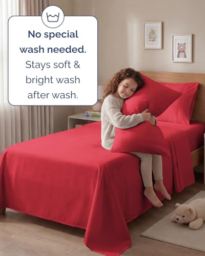 Image of Twin 4 Piece Bed Sheet Set - Comfy, Breathable & Cooling Bed Sheets - Red | Ultra Soft Hotel Luxury Bedding Set with 8-16 Inch Deep Pockets, 1 Flat & 1 Fitted Sheet & 2 Pillowcases, Wrinkle & Fade Free