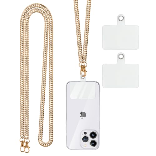 Coiwxmoi Cordón de Cadena para Teléfono Móvil para el Cuello, Metal Correa Universal para Teléfono Móvil con Parches Compatible la Mayoría de Las Fundas de Teléfono para Niña Mujer, Oro