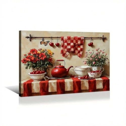 XINBAO Arte de pared para cocina - Impresión en lienzo de naturaleza muerta para comedor - Decoración de pared con tetera roja, cerezas y flores - 60 x 80 cm - Sin marco