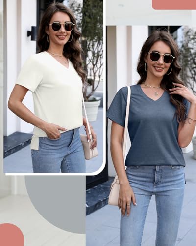 Womens 4 Pack V Neck Short Sleeve T Shirts Casual Loose Fit Tops Flowy Basic Tee Side Split Outfits Clothes4