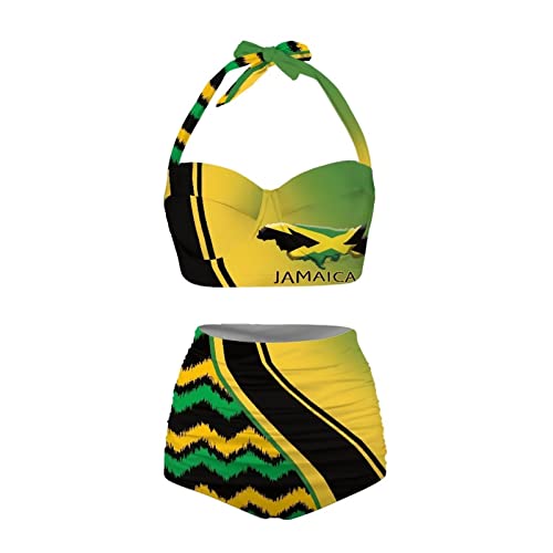 Yuuxorilu Conjunto de Bikini de Dos Piezas de Cintura Alta para Mujer, Bikini de Cintura Alta con Parte Inferior, Patrones de la Bandera de Jamaica, XXL
