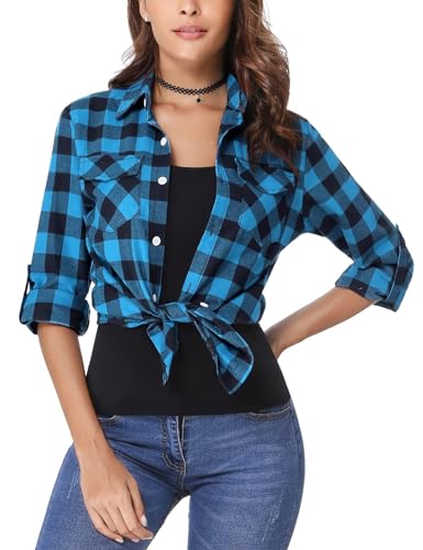Irevial Damen Karierte Bluse Karo Flanell Hemden Classic Button-down...