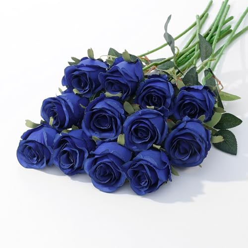 LILUYTO 12Pcs Realistic Fake Roses Faux Flowers with Long Stems, Artificial Silk Rose Flowers for Valentines Day Home Wedding Decor Bridal Bouquet (Blue)
