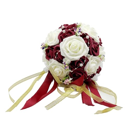 DOKUYIE Hochzeit Brautstrauß Wein Rote Rosen Perle Babysbreath Blume Bouquet Hand Made