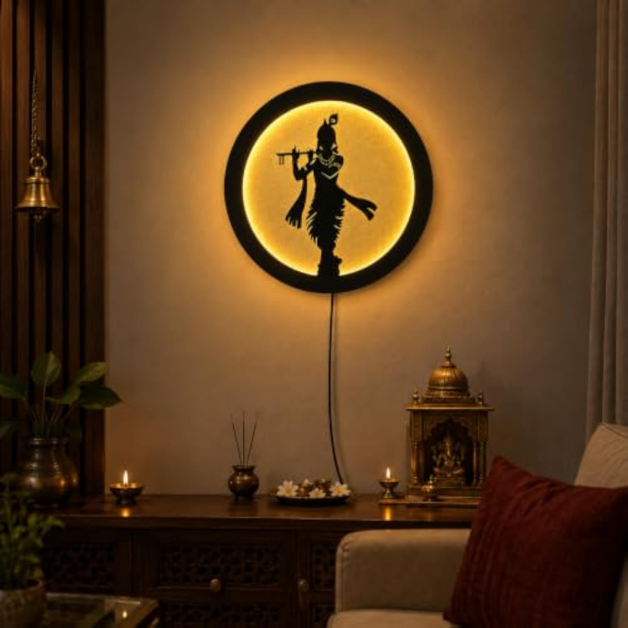LED Backlit Round Krishna Wall Decor with Frame