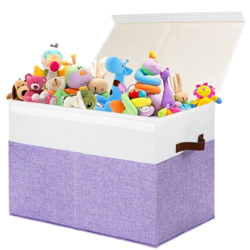 Large Toy Box with Lid, Sturdy Toy Storage Chest Bin Boxes Organizer Basket with Dividers for Toddlers, Kids, Boys, Girls, Nursery, Living Room, Bedroom, Playroom 25"x13" x16" (Purple and White)